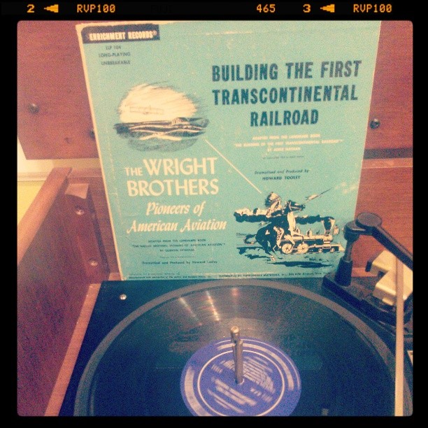 Vinyl record of Building the First Transcontinental Railroad/The Wright Brothers, Pioneers of American Aviation.