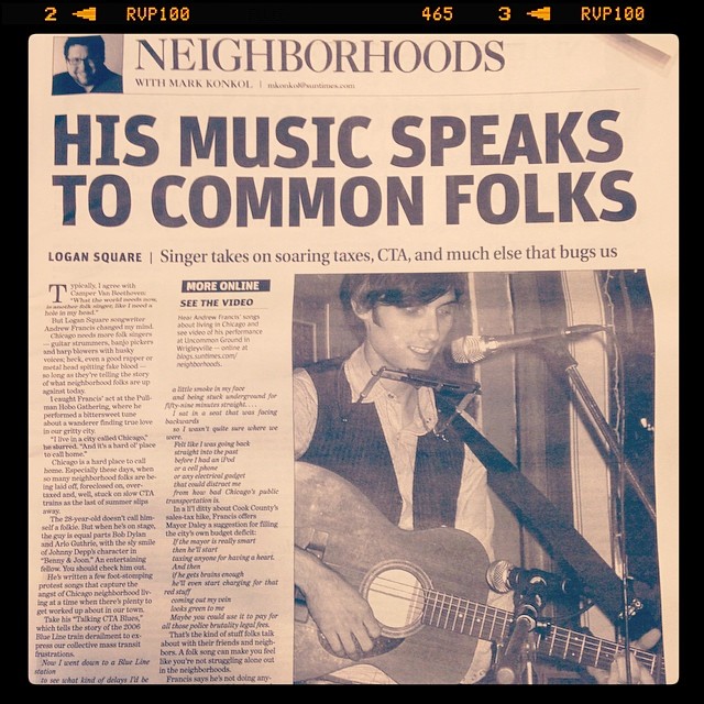 Chicago Sun Times article highlighting songwriter Andrew Francis.