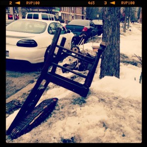 Some nice, high-quality trash, strewn about in the Chicago streets to gain dibs on a parking spot in the winter. 